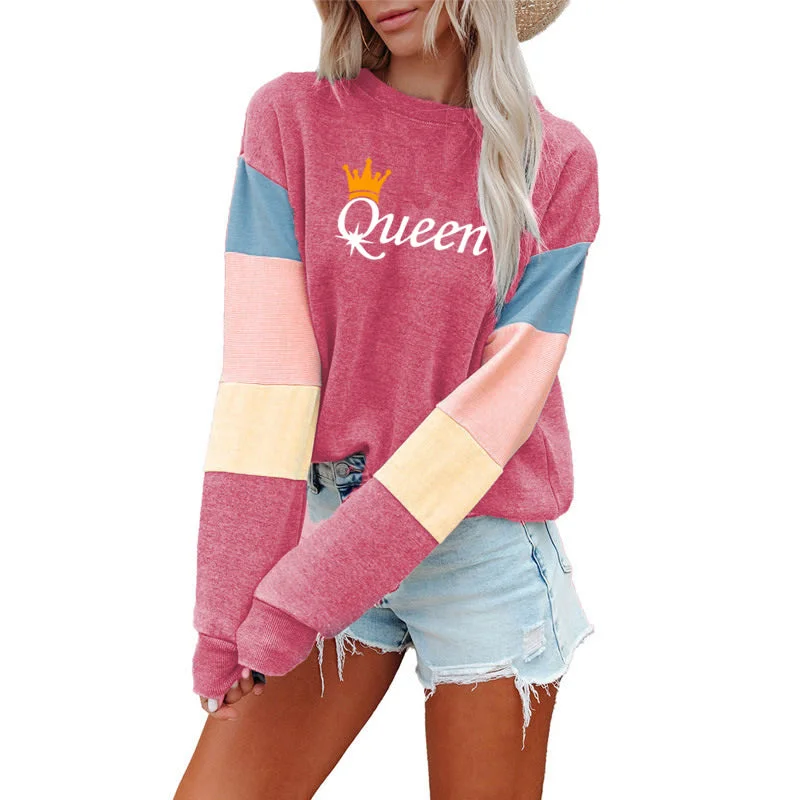 Patchwork Fashion Women Sweatshirt Casual Long Sleeve Pullover Queen Print Crewneck Women logo hoodie  Sweatshirt Youthful Women's Pop