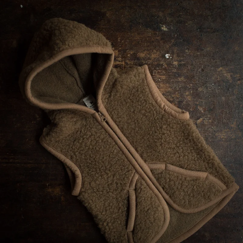 Wool Teddy Fleece Hooded Zip Vest - Bark Polished Women's Silk