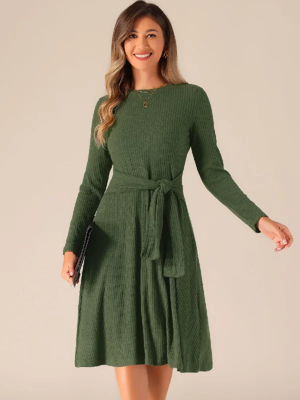 Ribbed Knit Crew Neck Long Sleeve Midi Sweater Dress Artistic Women's Avant - 