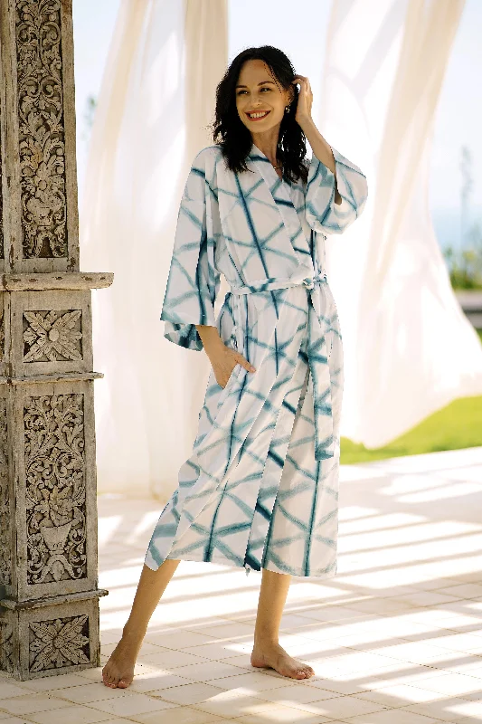 Web of Life Natural Indigo and White Print All Cotton Kimono Hip Women's Retro