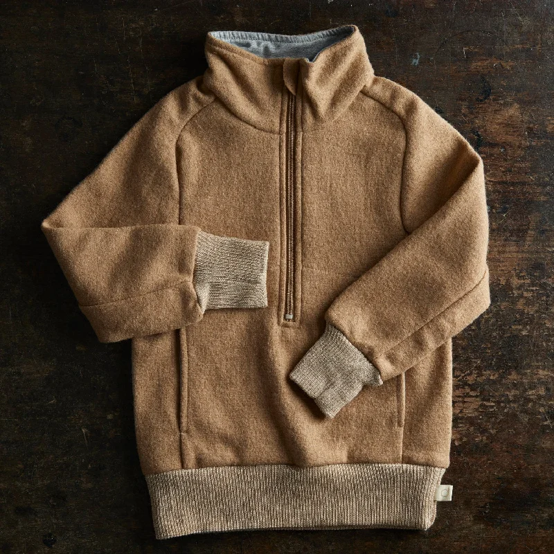 Light Weight Boiled Merino Wool Half Zip Sweater - Caramel Monochromatic Office Style Light Weight Boiled Merino Wool Half Zip Sweater - Caramel Monochromatic Office Style