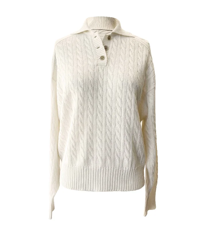 BRUNELLO CUCINELLI Cashmere Cable Knit Polo-Style Sweater with Monili Casual Women's Loose - fitting BRUNELLO CUCINELLI Cashmere Cable Knit Polo-Style Sweater with Monili Casual Women's Loose - fitting