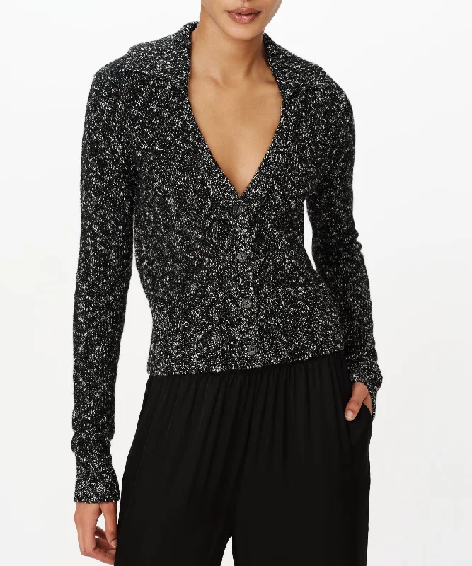 Cotton Blend Collared Cardigan - Black Marl Geometric