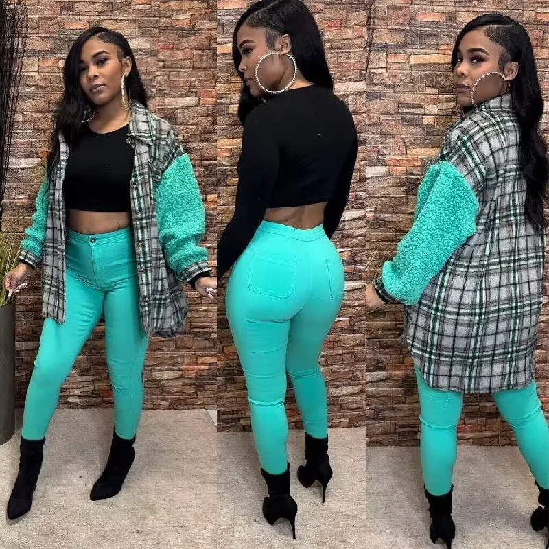 Trendy Women Clothes Autumn Fashion Fur Sleeves Plaid Shirt Skirt Youthful Women's Anime - inspired Trendy Women Clothes Autumn Fashion Fur Sleeves Plaid Shirt Skirt Youthful Women's Anime - inspired