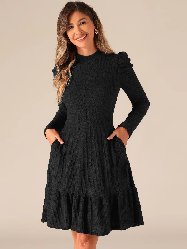 Stretchy Puff Long Sleeve Ruffle Hem Knit Midi Sweater Dress Refined Women's Classic Stretchy Puff Long Sleeve Ruffle Hem Knit Midi Sweater Dress Refined Women's Classic