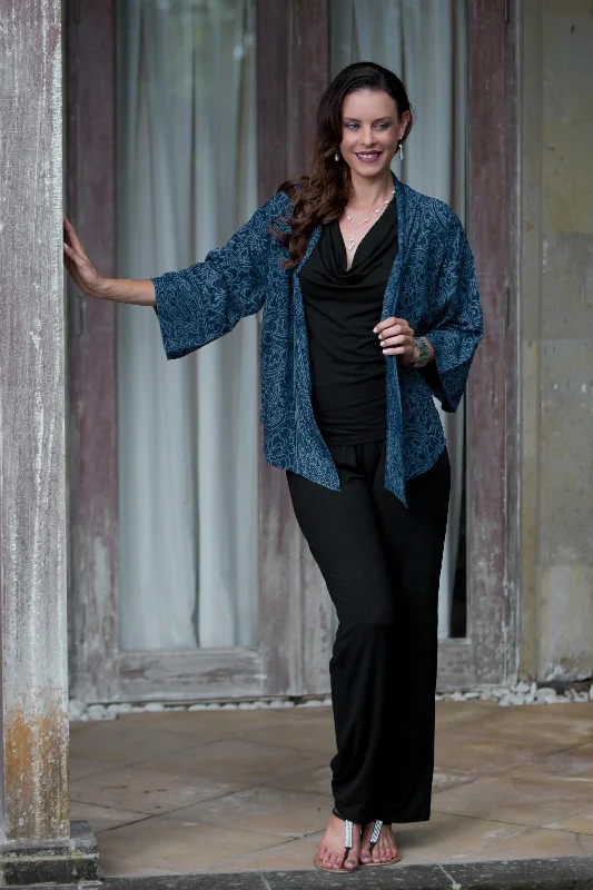 Indigo Garden Blue Javanese Batik Rayon Kimono Jacket Trendy Women's 