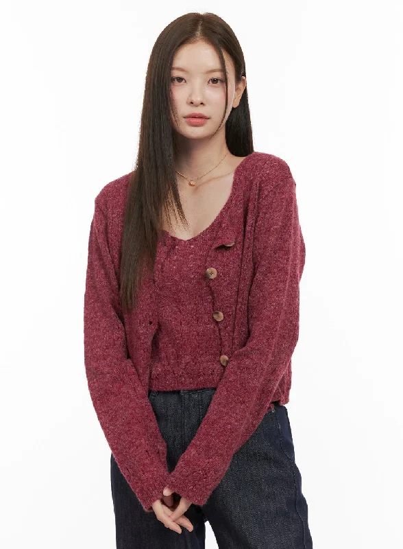 Soft Touch Buttoned Cardigan & Cami Set OD412 Feminine Women's Soft 