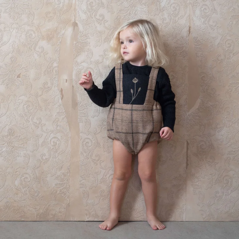 Popelin Beige Plaid Woollen Romper Suit With Bib And Straps (MOD 4.2) Casual Women's Japanese 