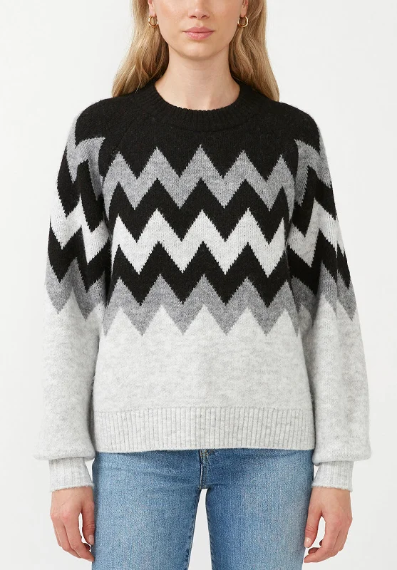 Nerissa Women's Crewneck Sweater in Black & Grey Chevron Print - SW0023F Disco