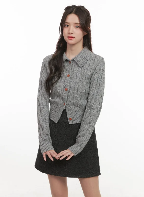 Cable-Knit Collared Buttoned Cardigan CJ514 Sophisticated Women's Tailored
