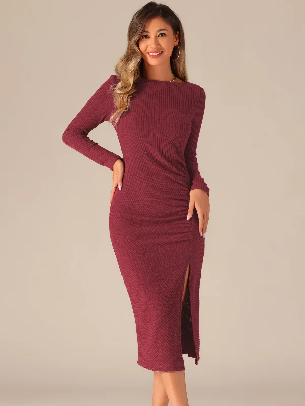 Casual Long Sleeve Crew Neck Ruched Slit Knitted Midi Sweater Dress Gym