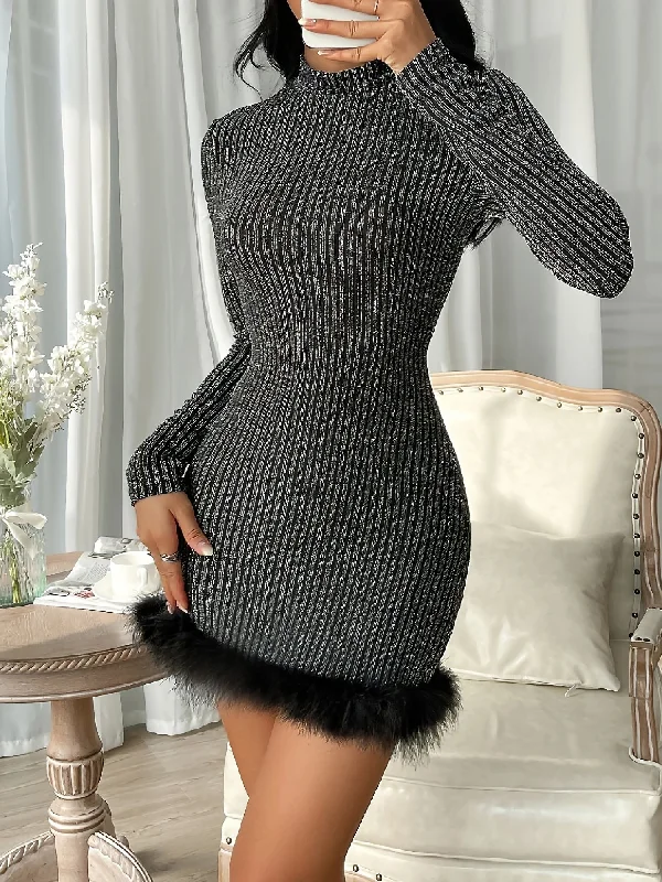 Faux Fur Patchwork Mock Neck Bodycon Mini Sweater Dress Athletic Women's 