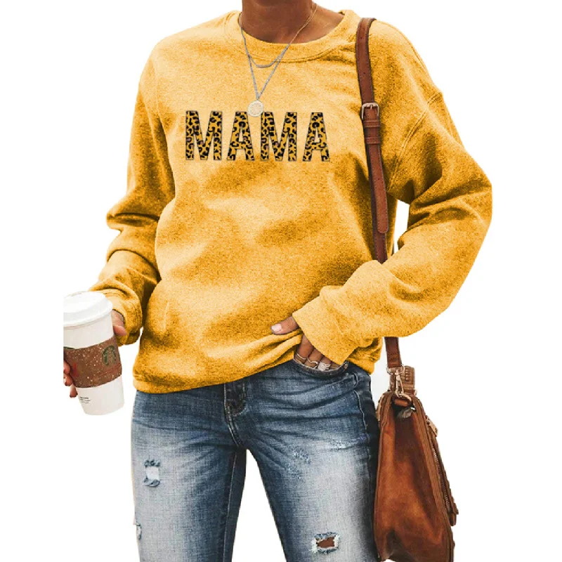 Mama Sweatshirt Women Cute Leopard Funny Letter Print Mom Blouse Tops Casual Long Sleeve Vacation Shirts Tops Feminine Women's Style 