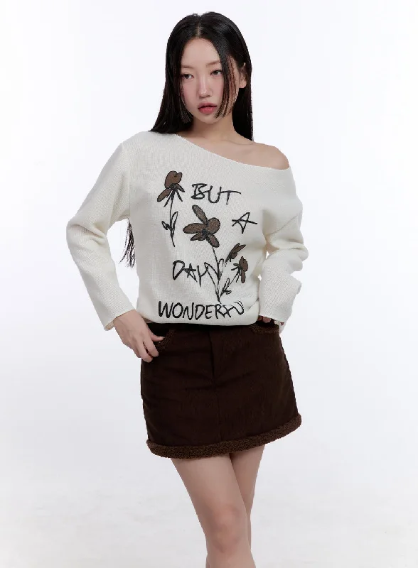 Floral Graphic One-Shoulder Sweater CJ511 Geometric