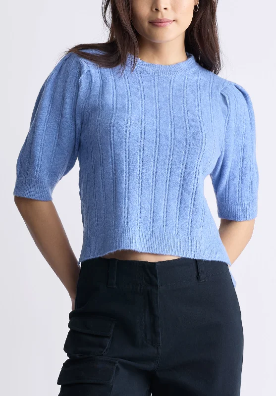 Jaxie Women's Elbow-Length Puff-Sleeve Knit Sweater, Heather Blue - SW0076F Refined Women's Hand - crafted Jaxie Women's Elbow-Length Puff-Sleeve Knit Sweater, Heather Blue - SW0076F Refined Women's Hand - crafted