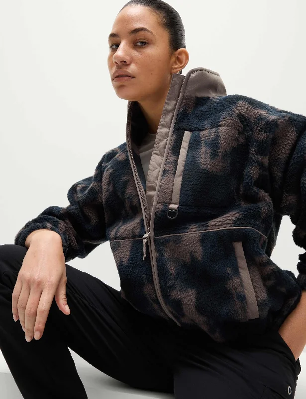 Borg Zip Up Printed Funnel Neck Fleece Jacket - Taupe Mix Australian Beach