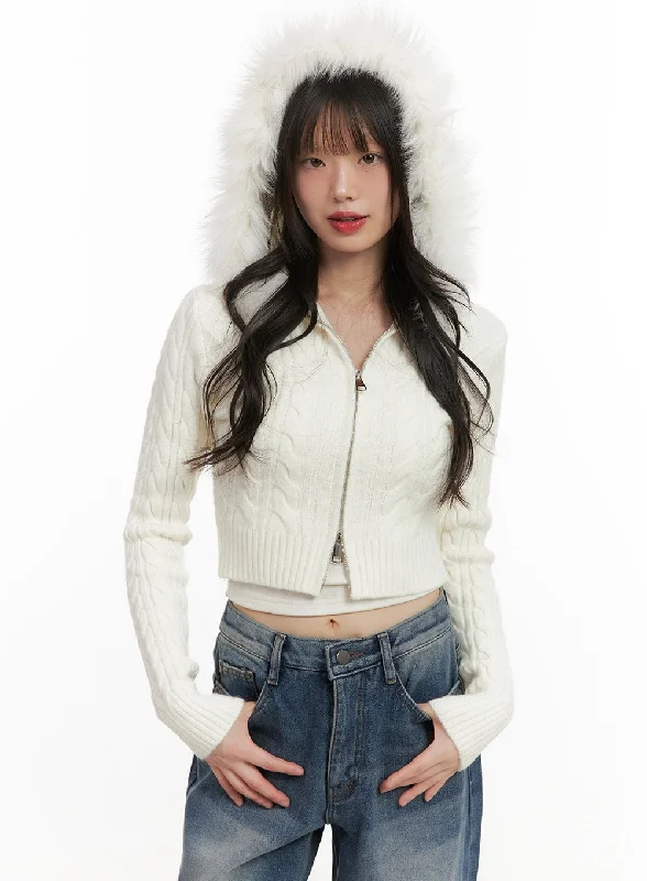 Fur-Hooded Zip-up Knit Crop Cardigan CJ502 Traditional Women's Wool