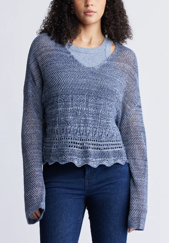 Cornelia Women's Crochet Cropped Sweater, Denim Blue - SW0056S Sharp Women's Italian Cornelia Women's Crochet Cropped Sweater, Denim Blue - SW0056S Sharp Women's Italian