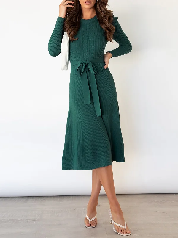 Puff Long Sleeves Knitted Lace-Up Midi Sweater Dress Scandinavian