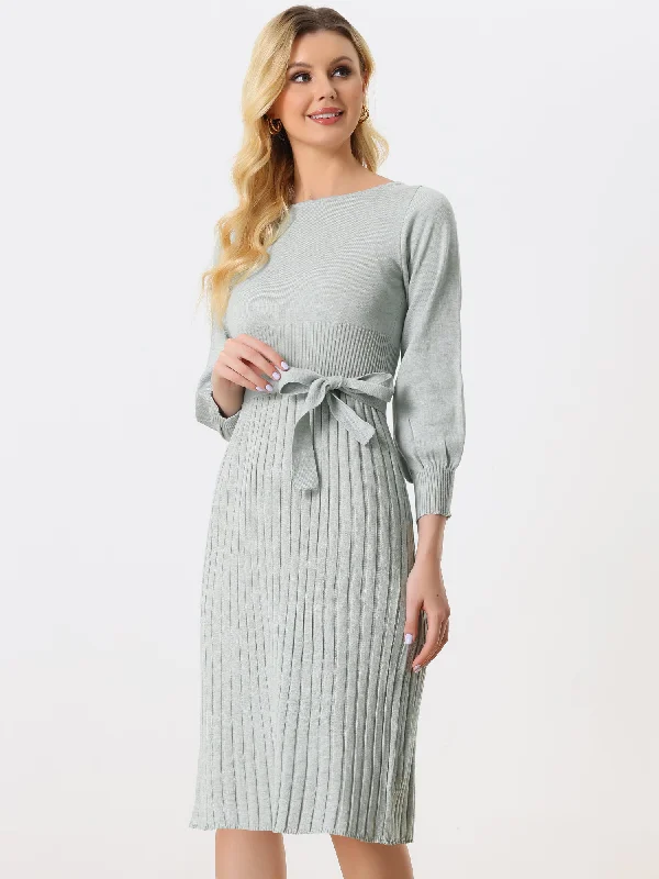 Knit Belted Crew Neck Lantern Sleeve Casual Pleated Sweater Dress Unique Women's Upcycled
