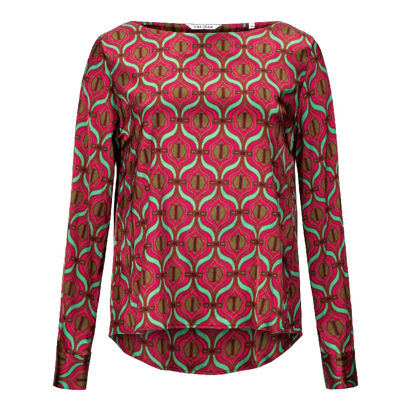 Geometic Print Boat Neck Blouse - Pink and Green Practical Women's Multi - 
