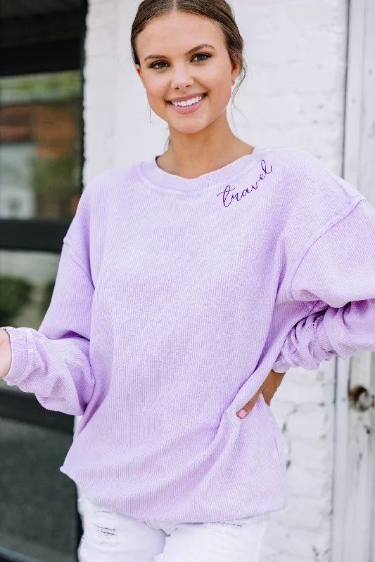 Travel Lilac Purple Graphic Corded Sweatshirt Casual Women's Japanese 
