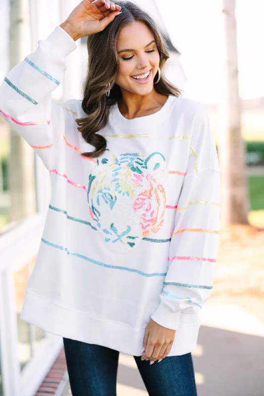 Who You Want To Be White Sequin Tiger Pullover Monochromatic All - in - one