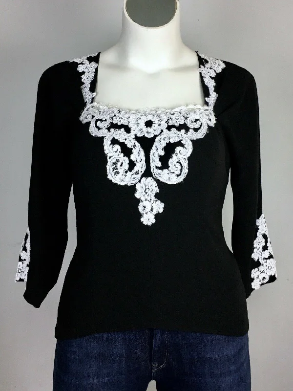 Michael Faircloth Size 14 Black & White Lace Applique Shirt Confident Women's High - fashion