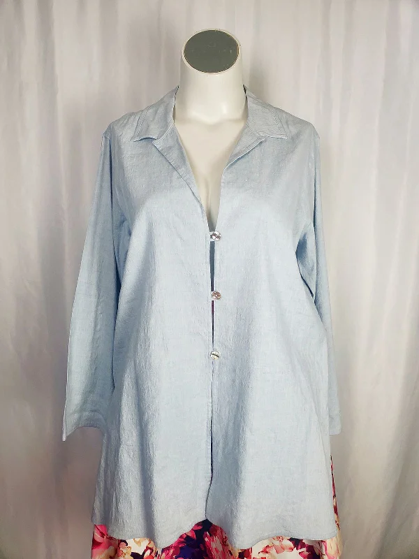 ADRI Size 14 Light Blue Linen Shirt Artistic Women's Hand - painted