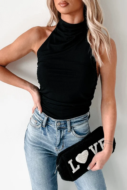 Sultry Attitude Ruched Mesh Halter Top (Black) Cashmere