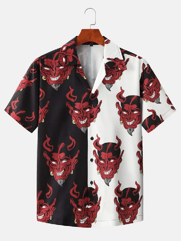 Mens Patchwork Devil Print Revere Collar Short Sleeve Designer Shirts Stylish Women's Tropical 