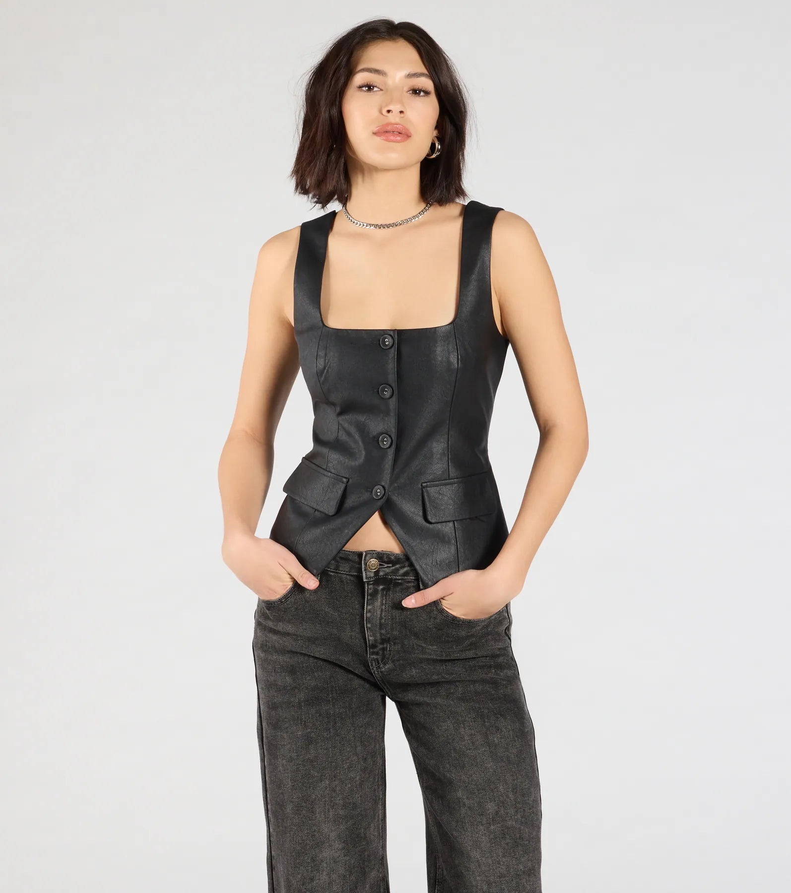 Fashionable Edge Button Down Faux Leather Vest Feminine Women's Soft 