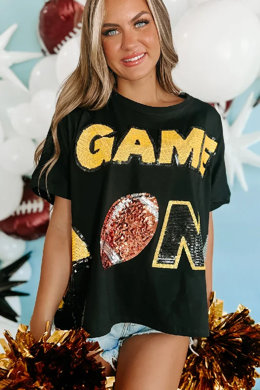 "Game On" Oversized Sequin Graphic Top (Black) Elegant Women's Formal 