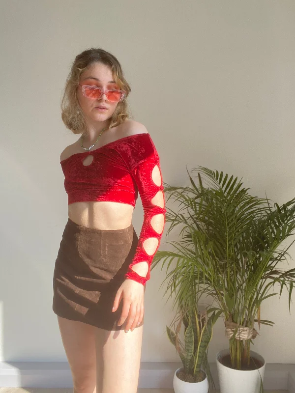 Vintage Red Velvet Cut Out Top Tough Women's Military - inspired