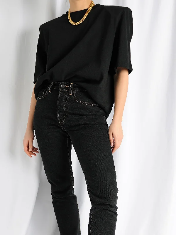 Black Premium Cotton T-Shirt with Removable Shoulder Pads Scandinavian