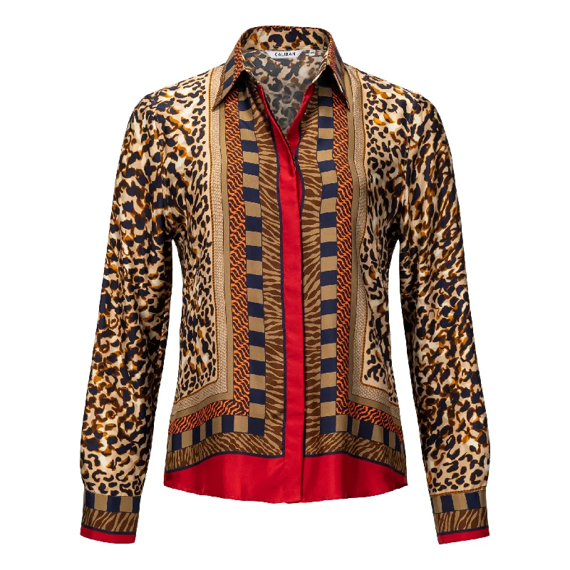 Leopard Silk Button Down Blouse - Orange Stylish Women's Tropical 
