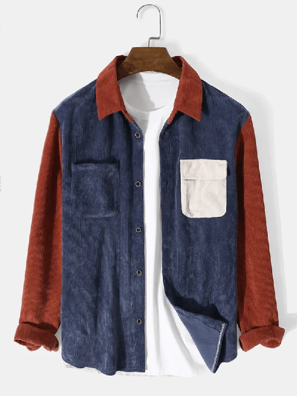Mens Corduroy Splicing Pocket Color Block Casual Shirt Dapper Women's 1920S