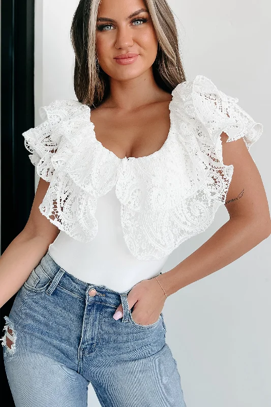 She's All Smiles Ruffled Crochet Lace Bodysuit (Off White) Relaxed Women's 