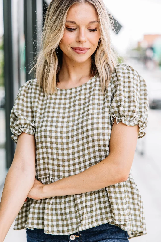 Work For You Olive Green Gingham Top Sporty Women's Tennis