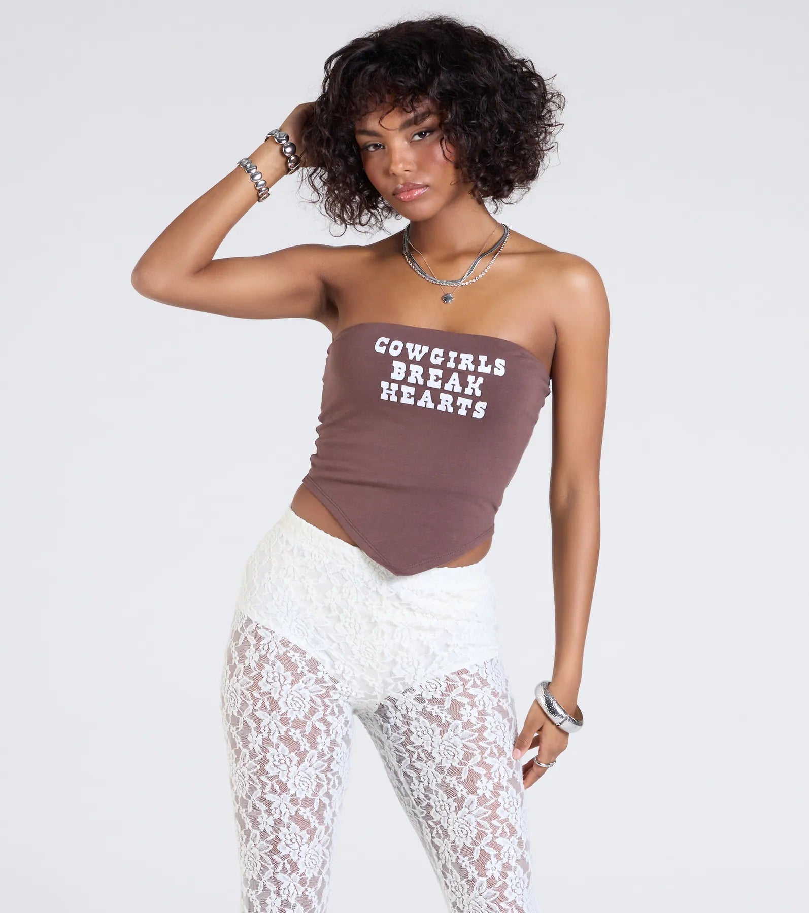 Cowgirls Break Hearts Graphic Crop Top Laid - back Women's Style