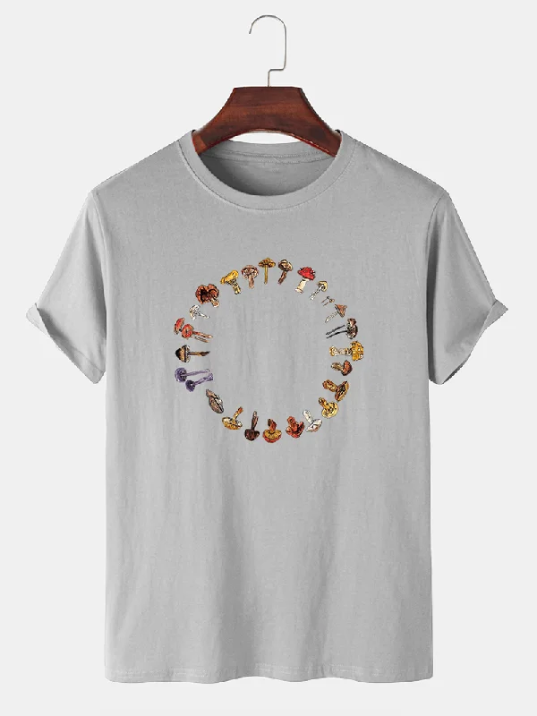 Mens Multiple Cartoon Mushroom Print Short Sleeve Preppy T-Shirts Feminine Women's Style 