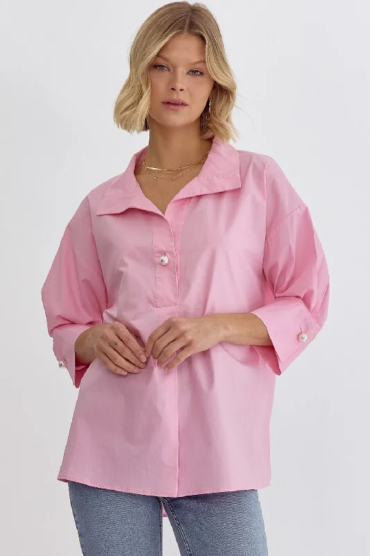 Solid Collared 3/4 Sleeve Top Trendy Women's Oversized
