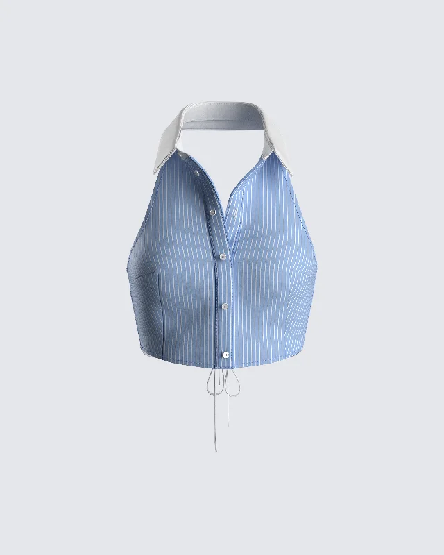 Vitellia Blue Pinstripe Halter Top Sporty Women's Tennis