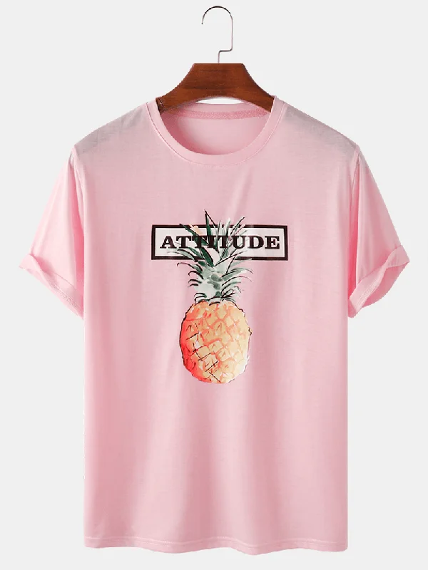 100%Cotton Letter Print Pineapple Pattern Pink Short Sleeve Casual T-Shirts Refined Women's 