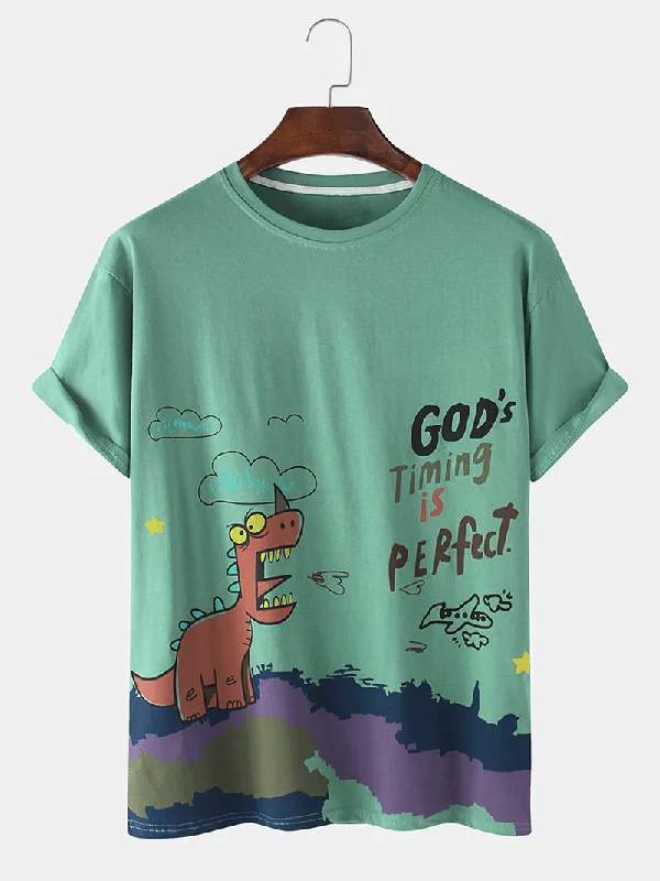 Mens Casual Dinasour Cartoon Letter Print Short Sleeve T-Shirts European