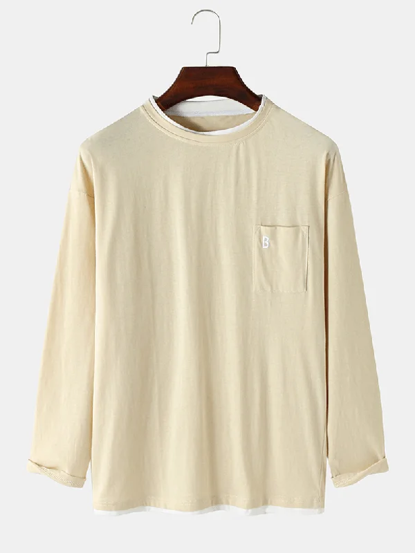 Mens Solid Long Sleeve Embroidery Splicing T-Shirt Relaxed Women's Beachy