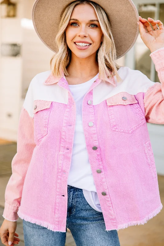 With Ease Pink Colorblock Denim Jacket Cozy Women's Winter