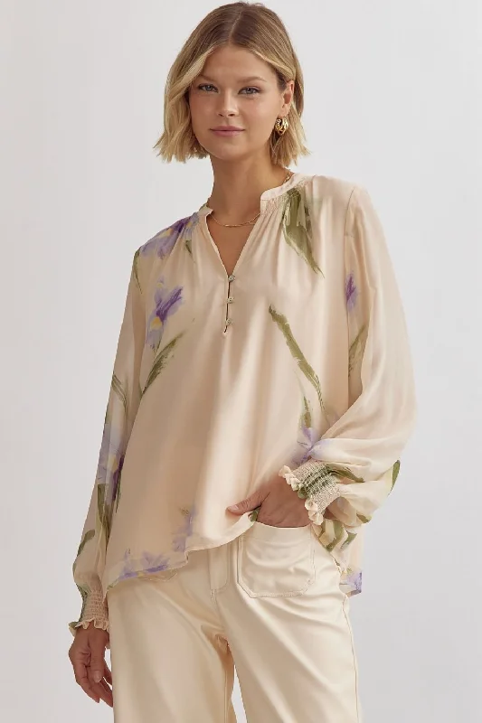 Floral Print V-Neck Long Sleeve Top Sporty Women's Athleisure 