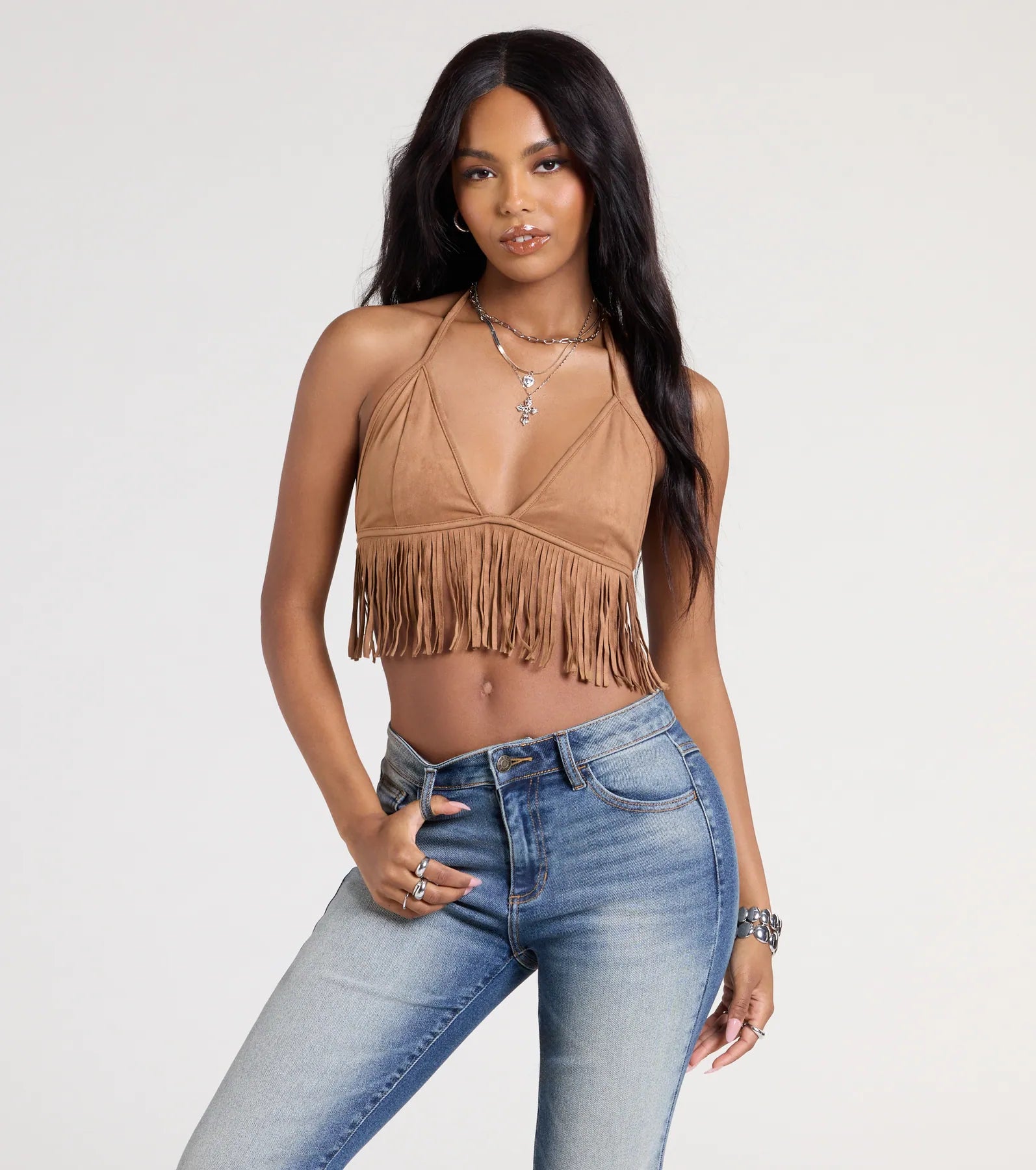 Shake It Halter Fringe Crop Top Casual Women's Loose - fitting