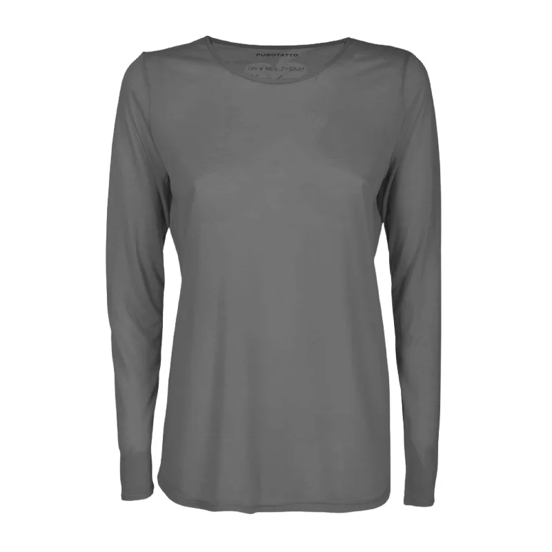 Long Sleeve Milk Crew Neck Top - Grey Athletic Women's High - 